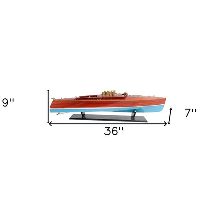 9" Blue and Brown Solid Wood Hand Painted Model Boat Tabletop Sculpture HomeRoots