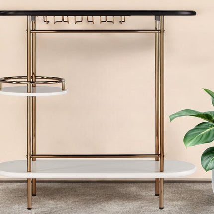 Gold Black and White Metal Oval Bar Cart With Wine Storage