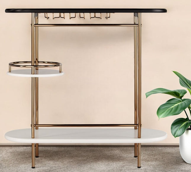 Gold Black and White Metal Oval Bar Cart With Wine Storage