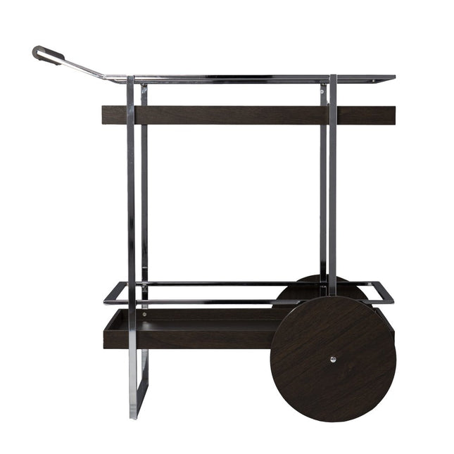 34" Brown And Silver Iron and Wood Rolling Bar Cart