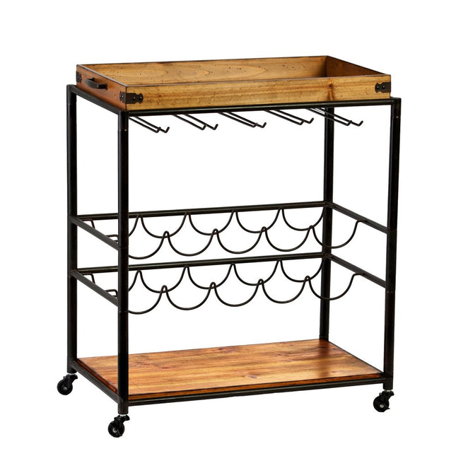 Brown and Black Metal And Solid Wood Rolling Bar Cart With Wine Storage HomeRoots