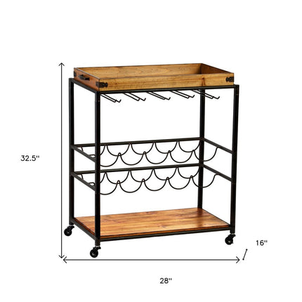 Brown and Black Metal And Solid Wood Rolling Bar Cart With Wine Storage HomeRoots