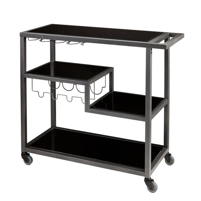 Black and Gray Glass Rolling Bar Cart With Wine Storage HomeRoots