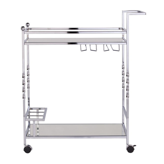 29" Silver Metal and Mirrored Glass Rolling Bar Cart With Wine Storage