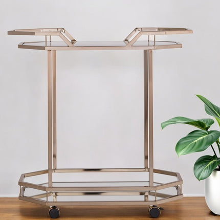 31" Champagne Iron and Mirrored Glass Octagonal Rolling Bar Cart