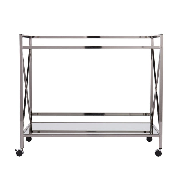39" Silver Metal and Glass Rolling Bar Cart HomeRoots