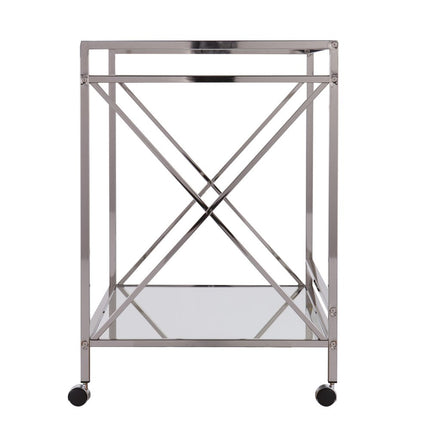 39" Silver Metal and Glass Rolling Bar Cart HomeRoots