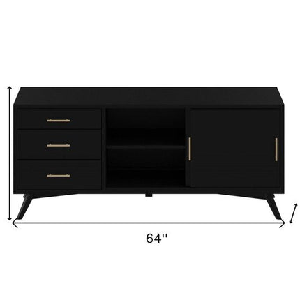 64" Black Mahogany Solid Wood Enclosed and Open Storage TV Stand HomeRoots