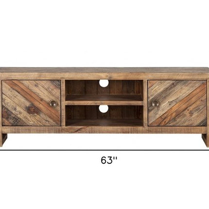 63" Wood Brown Reclaimed Pine And Plywood Open Shelving TV Stand HomeRoots