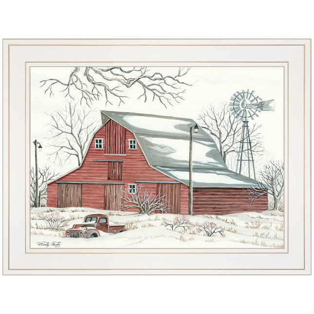 Winter Barn with Pickup Truck 1 White Framed Print Wall Art HomeRoots