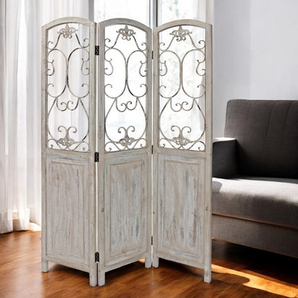 68" Beige Metal And Wood Folding Three Panel Screen Room Divider HomeRoots