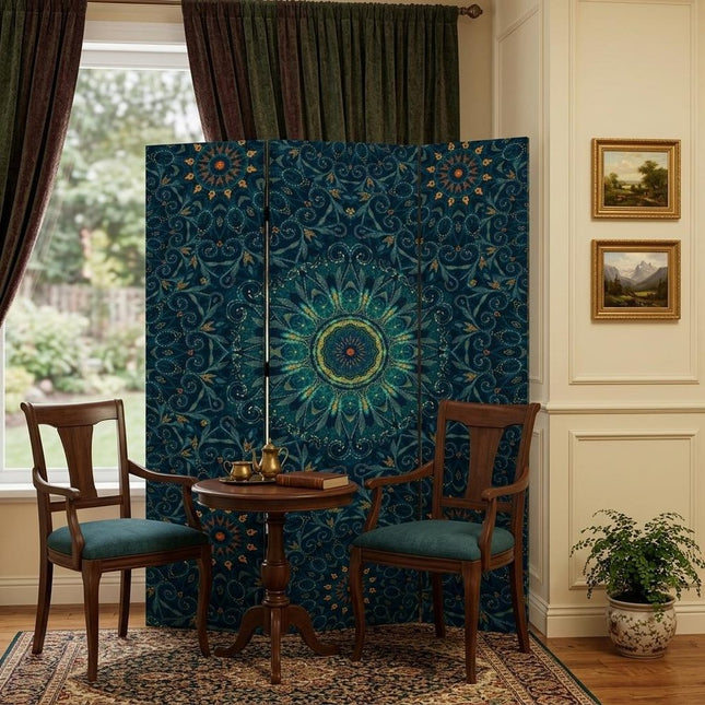 Blue Boho Mandala Three Panel Room Divider Screen HomeRoots
