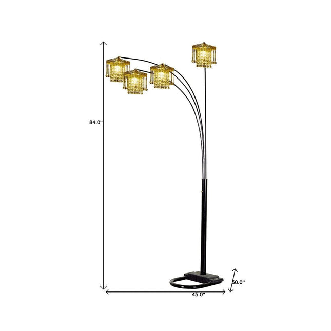 84" Black Four Light Arc Floor Lamp With Clear Crystal Glass Chandelier Shade HomeRoots