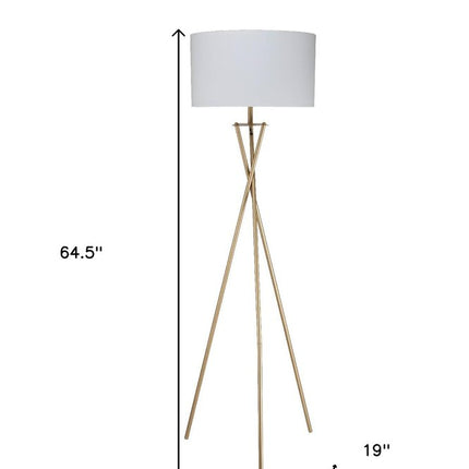 65" Gold And White Tripod Floor Lamp With White Fabric Drum Shade HomeRoots