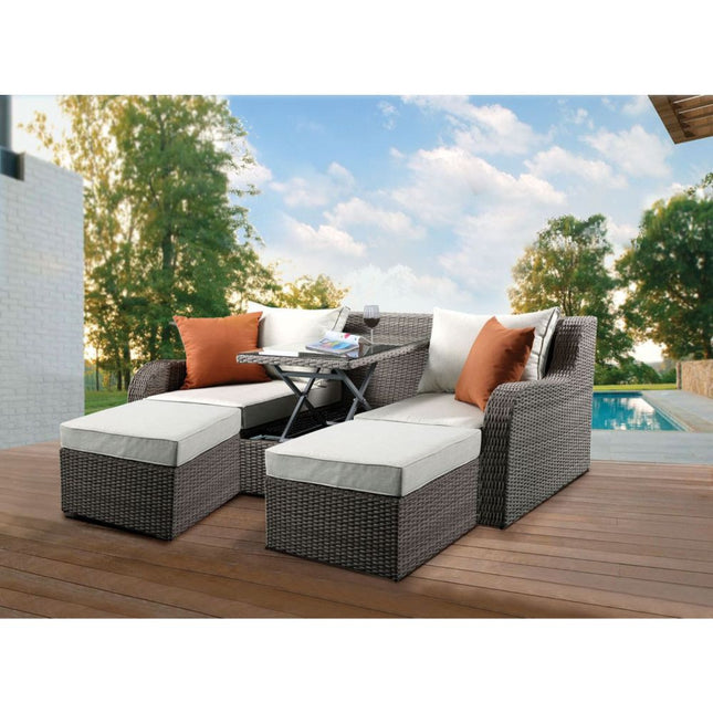 ACME 45010 Salena Patio Sectional & 2 Ottomans, Beige Fabric & Gray Wicker