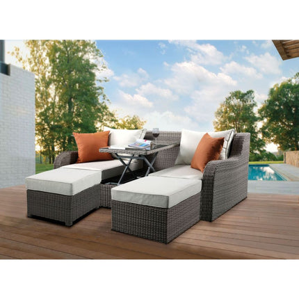 ACME 45010 Salena Patio Sectional & 2 Ottomans, Beige Fabric & Gray Wicker