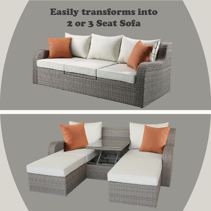 ACME 45010 Salena Patio Sectional & 2 Ottomans, Beige Fabric & Gray Wicker