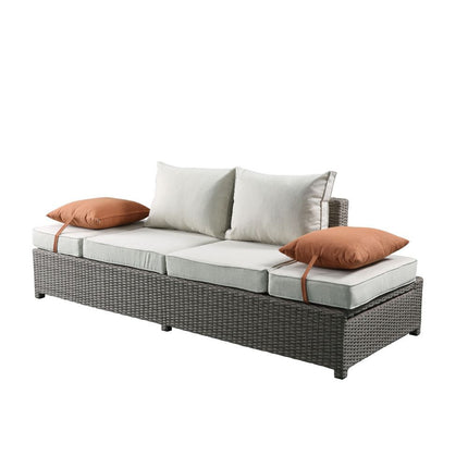 ACME 45015 Salena Patio Sofa & Ottoman with 2 Pillows, Beige Fabric & Gray Wicker