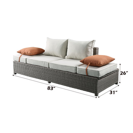 ACME 45015 Salena Patio Sofa & Ottoman with 2 Pillows, Beige Fabric & Gray Wicker