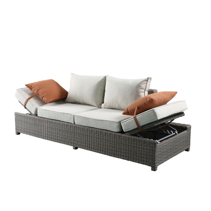 ACME 45015 Salena Patio Sofa & Ottoman with 2 Pillows, Beige Fabric & Gray Wicker