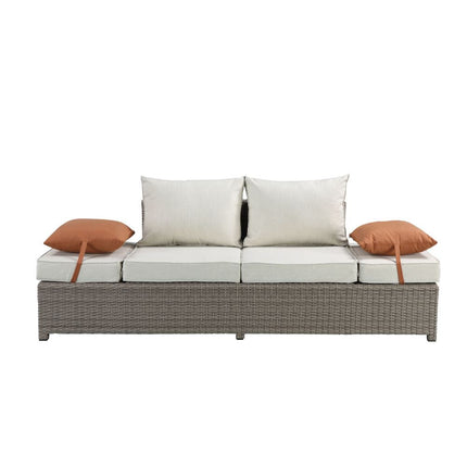 ACME 45015 Salena Patio Sofa & Ottoman with 2 Pillows, Beige Fabric & Gray Wicker