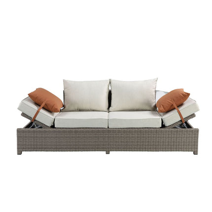 ACME 45015 Salena Patio Sofa & Ottoman with 2 Pillows, Beige Fabric & Gray Wicker
