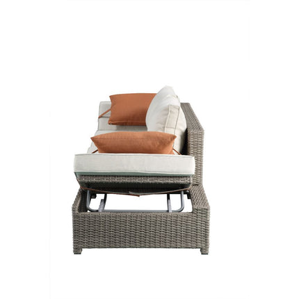 ACME 45015 Salena Patio Sofa & Ottoman with 2 Pillows, Beige Fabric & Gray Wicker