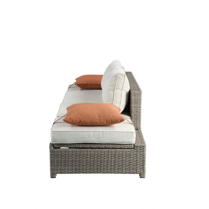 ACME 45015 Salena Patio Sofa & Ottoman with 2 Pillows, Beige Fabric & Gray Wicker