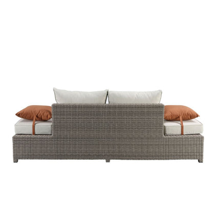 ACME 45015 Salena Patio Sofa & Ottoman with 2 Pillows, Beige Fabric & Gray Wicker