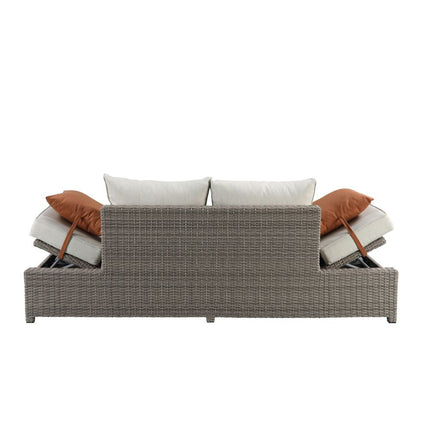 ACME 45015 Salena Patio Sofa & Ottoman with 2 Pillows, Beige Fabric & Gray Wicker