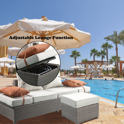 ACME 45015 Salena Patio Sofa & Ottoman with 2 Pillows, Beige Fabric & Gray Wicker