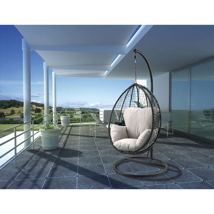 ACME 45030 Simona Patio Swing Chair with Stand, Beige Fabric & Black Wicker