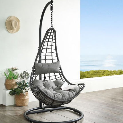 ACME 45105 Uzae Patio Hanging Chair with Stand, Gray Fabric & Charcoal Wicker