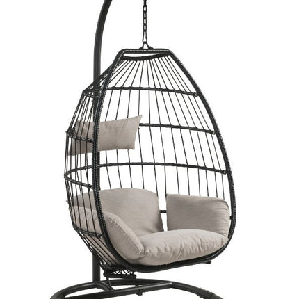 ACME 45115 Oldi Patio Hanging Chair with Stand, Beige Fabric & Black Wicker
