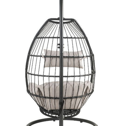 ACME 45115 Oldi Patio Hanging Chair with Stand, Beige Fabric & Black Wicker