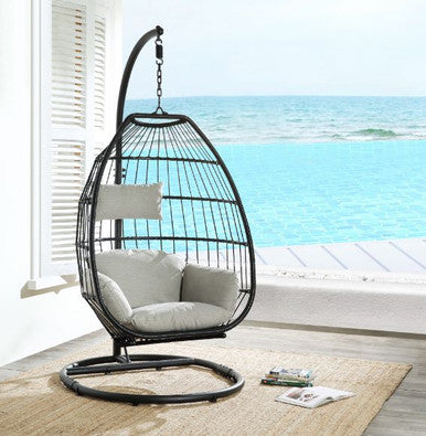 ACME 45115 Oldi Patio Hanging Chair with Stand, Beige Fabric & Black Wicker ACME Furniture