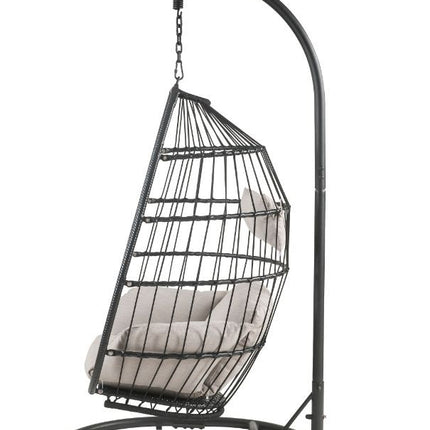ACME 45115 Oldi Patio Hanging Chair with Stand, Beige Fabric & Black Wicker