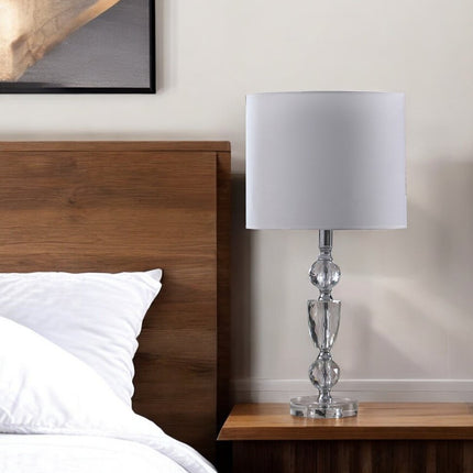 24" Clear And Silver Faux Crystal And Metal Table Lamp With White Drum Shade HomeRoots