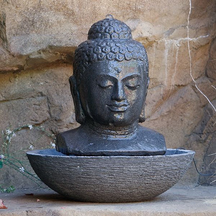 Hand carved solid lava stone Buddha Head Water Fountain - 4615-Complete with Base Garden Age
