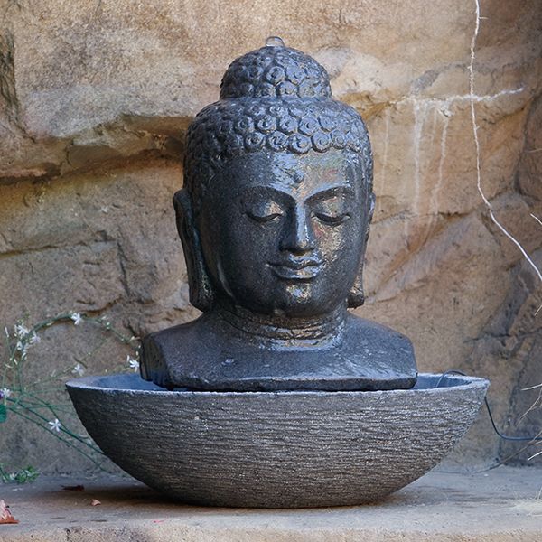 Hand carved solid lava stone Buddha Head Water Fountain - 4615-Complete with Base