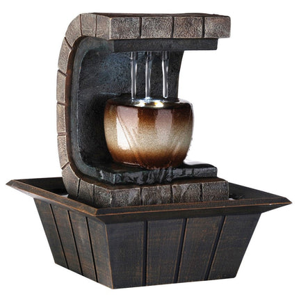 10" Brown Textured Polyresin Tabletop Fountain with LED Light HomeRoots