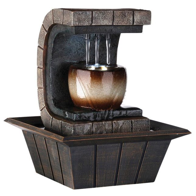 10" Brown Textured Polyresin Tabletop Fountain with LED Light HomeRoots