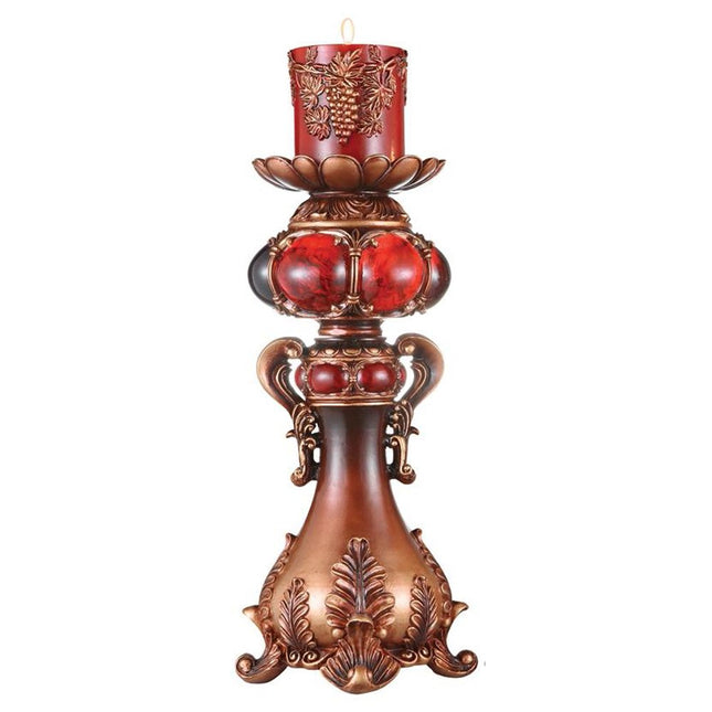 20" Bronze Brown And Red Floral Polyresin Tabletop Pillar Candle Holder With Candle HomeRoots