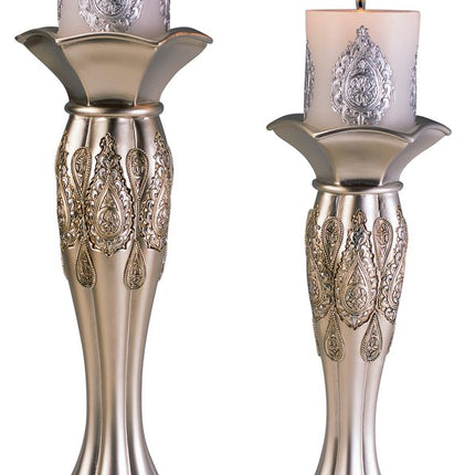 Set of Two Silver Metallic Polyresin Ornate Tabletop Pillar Candle Holders With Candle HomeRoots