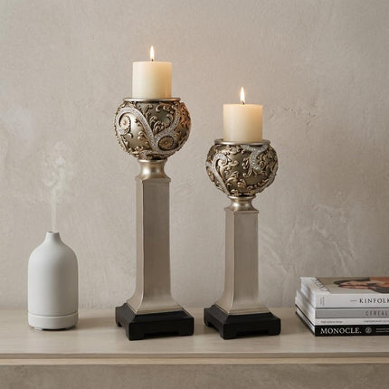 Set of Two Silver Polyresin Filigree Tabletop Pillar Candle Holders With Candle