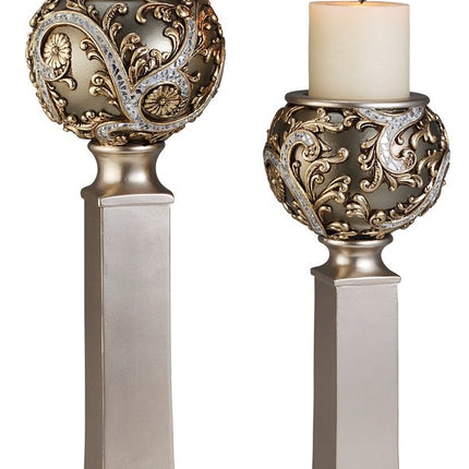 Set of Two Silver Polyresin Filigree Tabletop Pillar Candle Holders With Candle