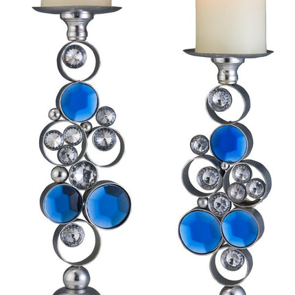 Set Of Two Silver and Blue Bling Tabletop Pillar Candle Holders HomeRoots