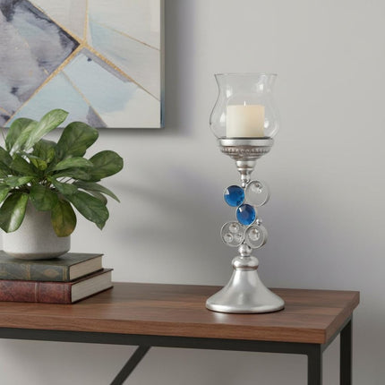 18" Blue Clear And Silver Polyresin Tabletop Hurricane Candle Holder HomeRoots