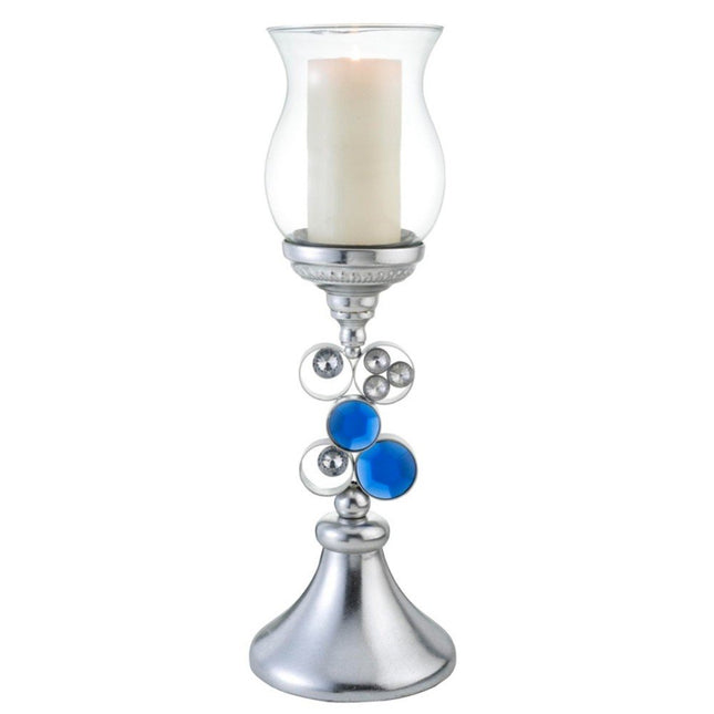 21" Silver and Blue Faux Crystal Bling Hurricane Candle Holder HomeRoots