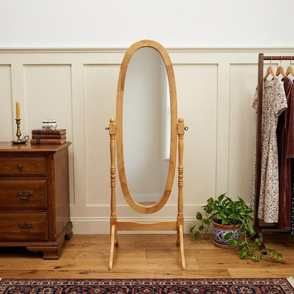 59" Natural Wood Oval Freestanding Tilting Framed Cheval Mirror HomeRoots